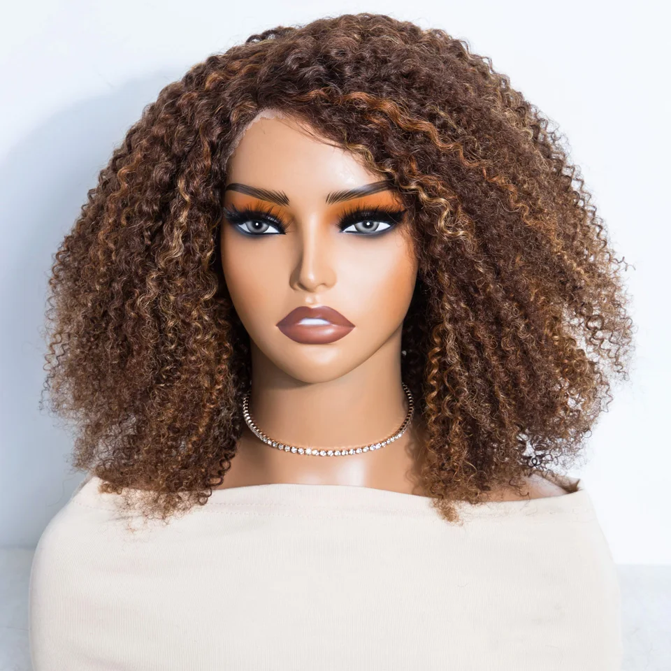 

Lekker Glueless Highlight Brown 100% Human Hair Wigs Afro Kinky Curly Bob Side Part Lace For Women Brazilian Remy Hair Clearance