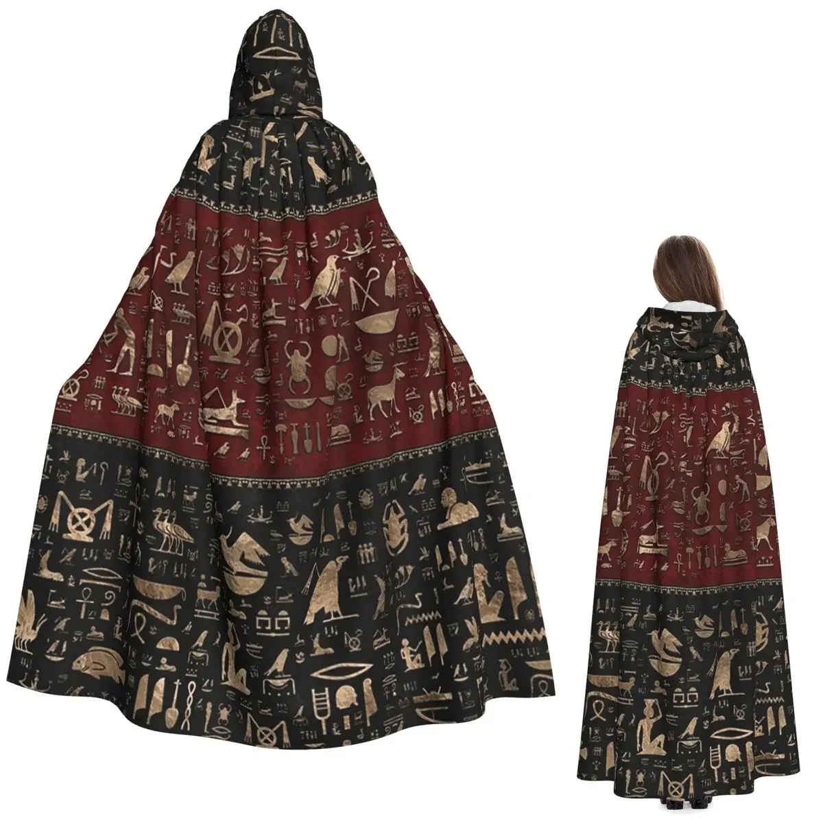 Ancient Egyptian Hieroglyphs Long Hooded Cloak Witch Medieval Costume Cosplay Cape HalloweenParty Adult Unisex