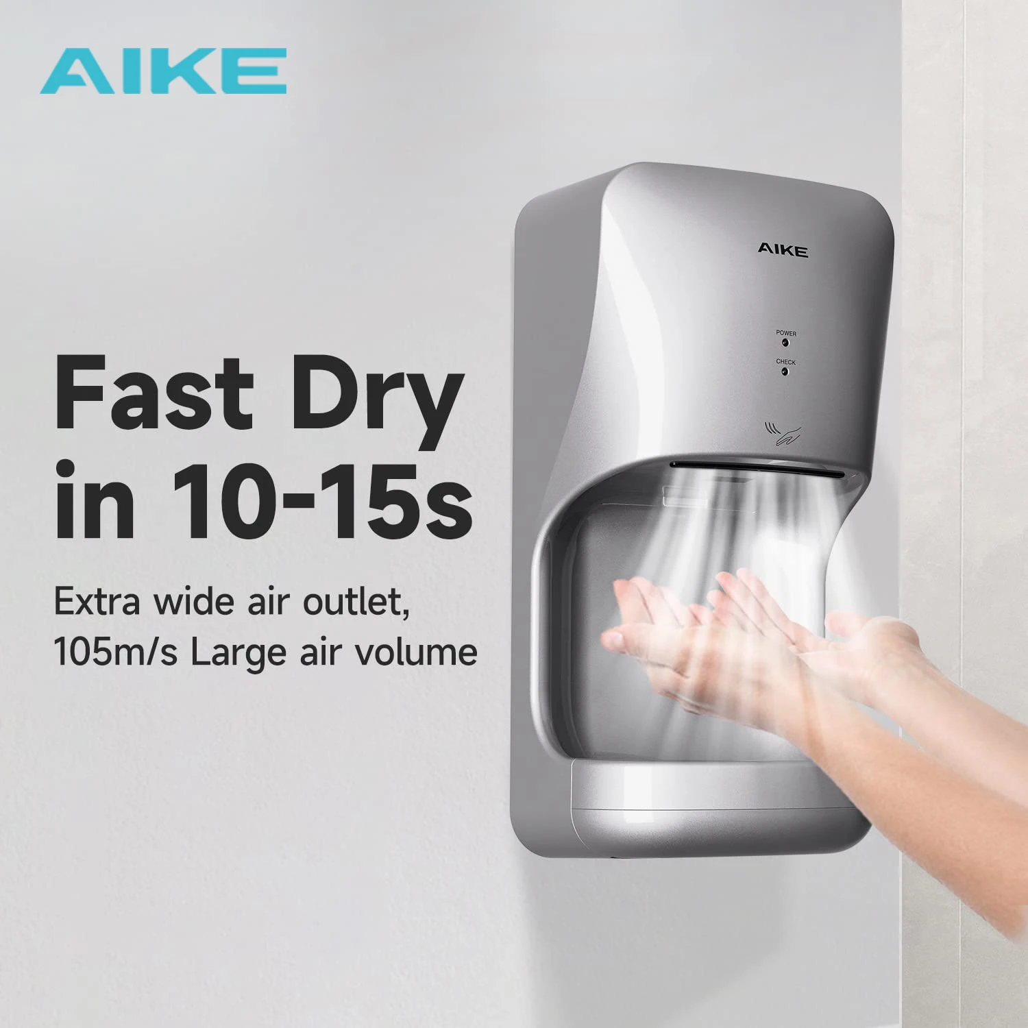 

AIKE Automatic Hands Dryer with Drip Tray Wall Mounted High Speed Drying Machine 10-15s Quick Dry Hands Model AK2632 1400-1650W