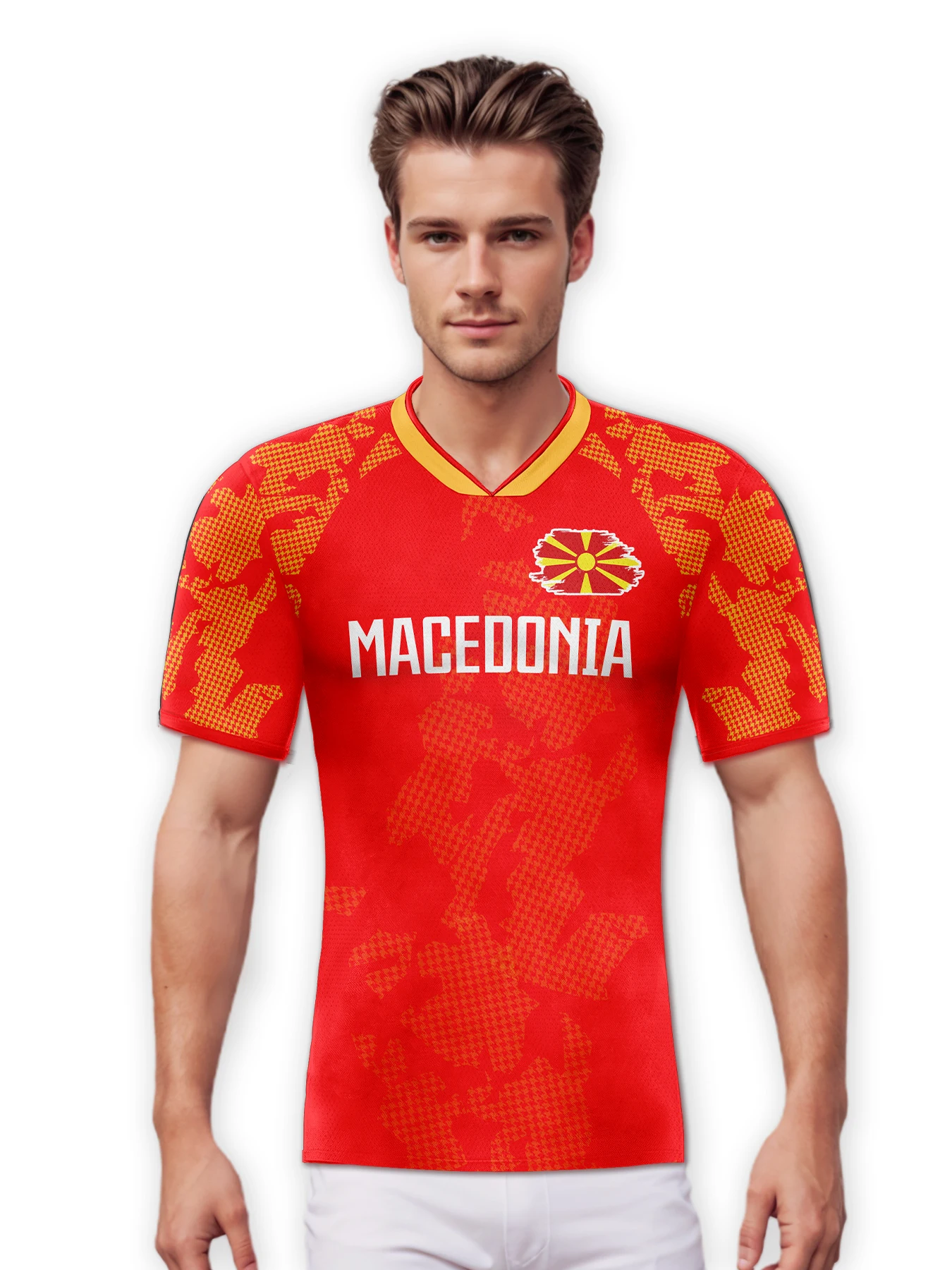 Custom Macedonia Soccer Jersey Personalized Name Number, National Team Football Shirt V-Neck Flag Design for Men Kids Women
