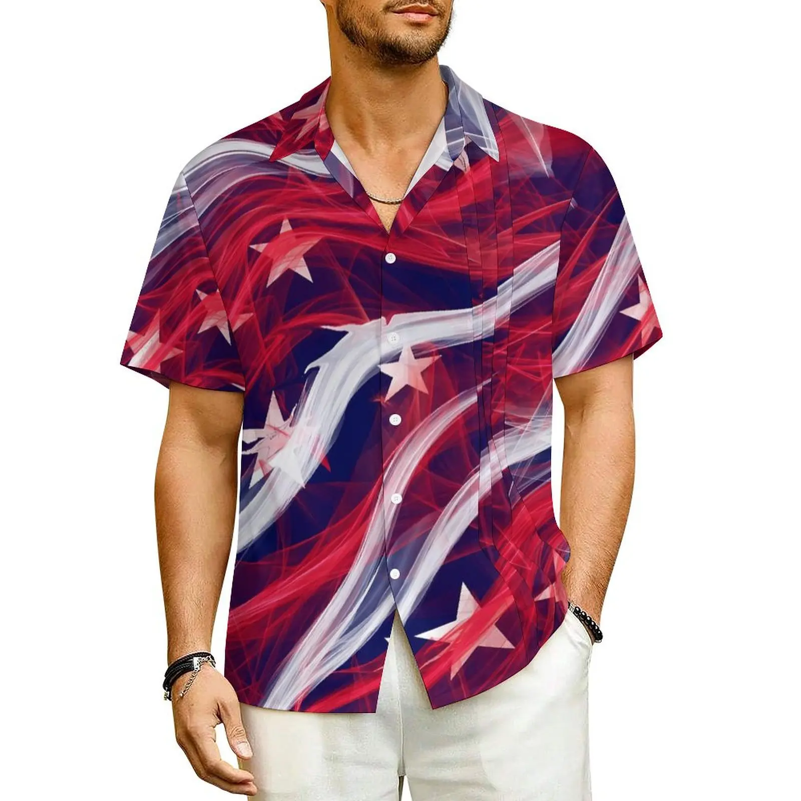 

American Flag Beach Shirt Abstract Flags Print Hawaiian Casual Shirts Man Vintage Blouses Short Sleeve Street Style Design Top