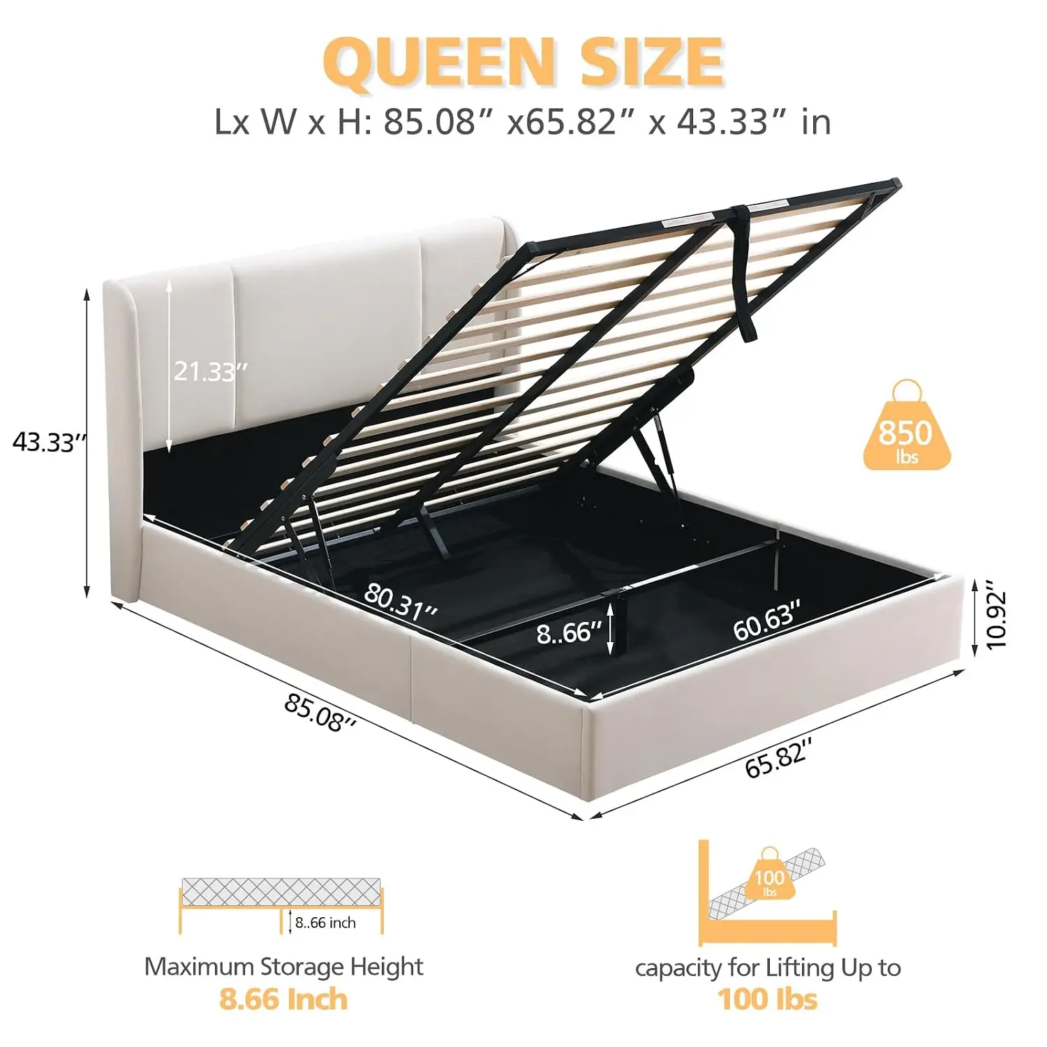 Velvet Wingback Storage Bed Frame Queen Gas Lift Wood Slat Support No Box Spring White, Customized