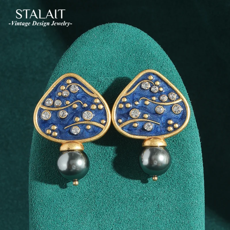 

Vintage Freshwater Drop Pearl Earrings Blue Enamel Mushroom For Woman Wedding Gold Color Designer Antique Luxury Quality Jewelry
