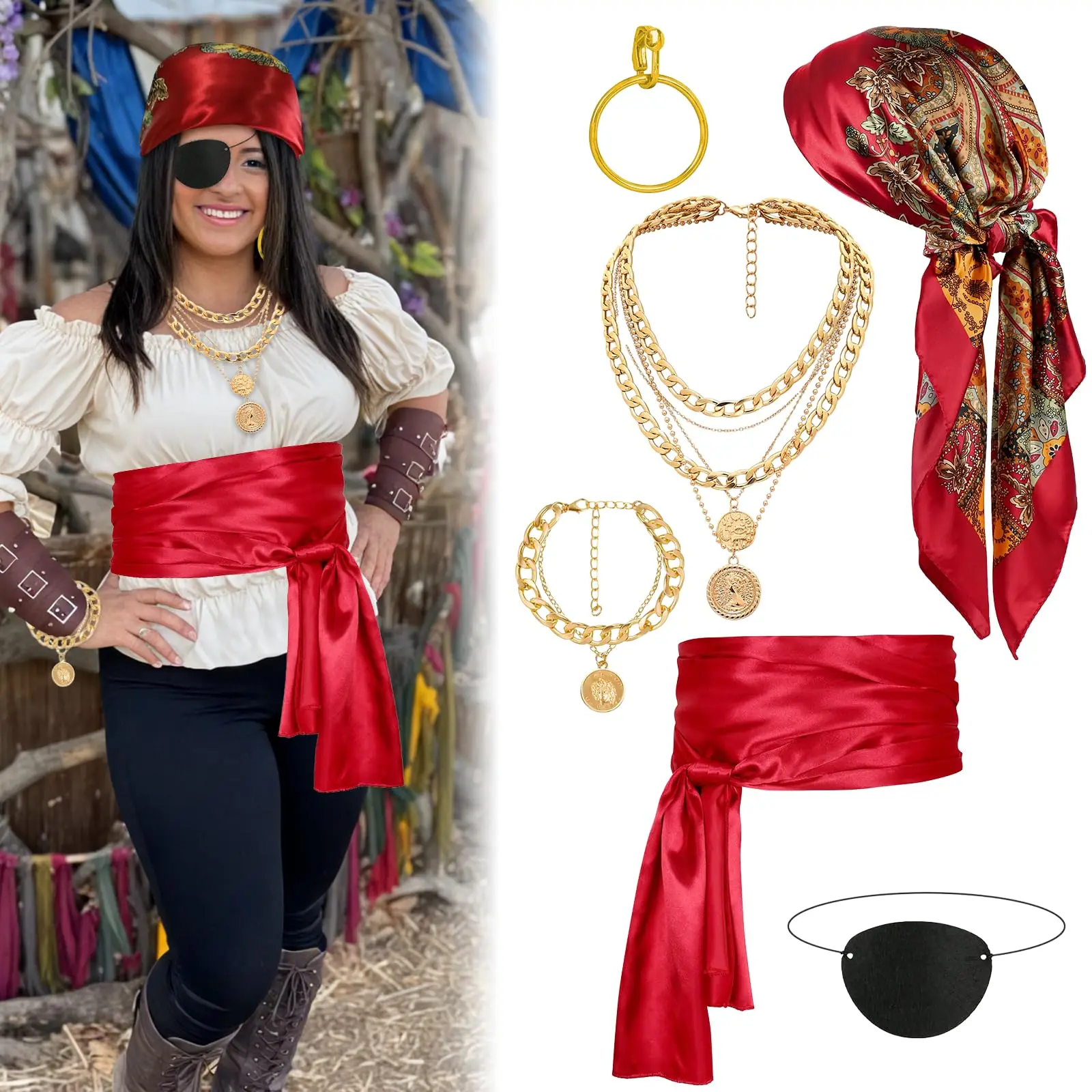 

Adult Pirate Costume Accessories Women Pirate Bandana Red Head Scarf Sash Jewelry Necklace Earrings Eye Patch Halloween Cosplay