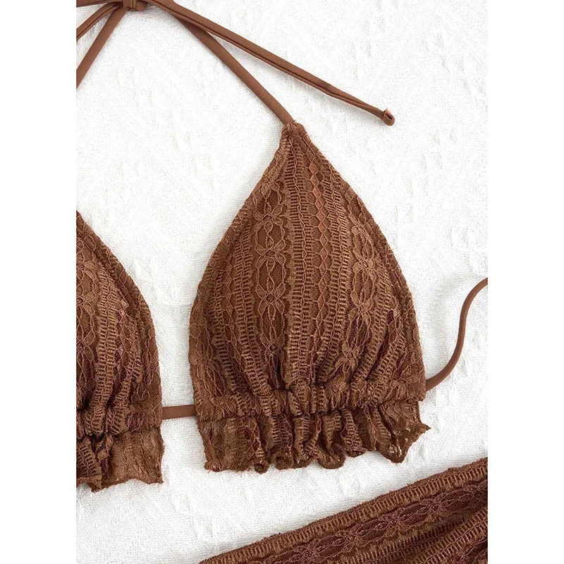 Sexy Bikini Set Bathing Suit Women Triangle Spliced Ruffles Halter Swimwear Push Up Bandage Cover Up Beachwear 3 Piece Swimsuit