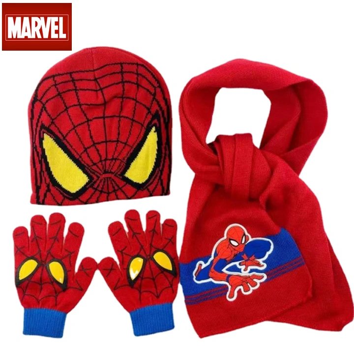 Disney Childrens Hat Glove Set Baby Boys Knitted Hat Cartoon Warm Scarf Cosplay Toy Marvel Spiderman Christmas Gift for Chridern