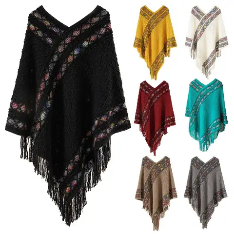 Fashion Coat Overlays Knitting Wraps Mongolian Poncho Women's Knitted Cape Rhombic Stripe Tassel Shawl
