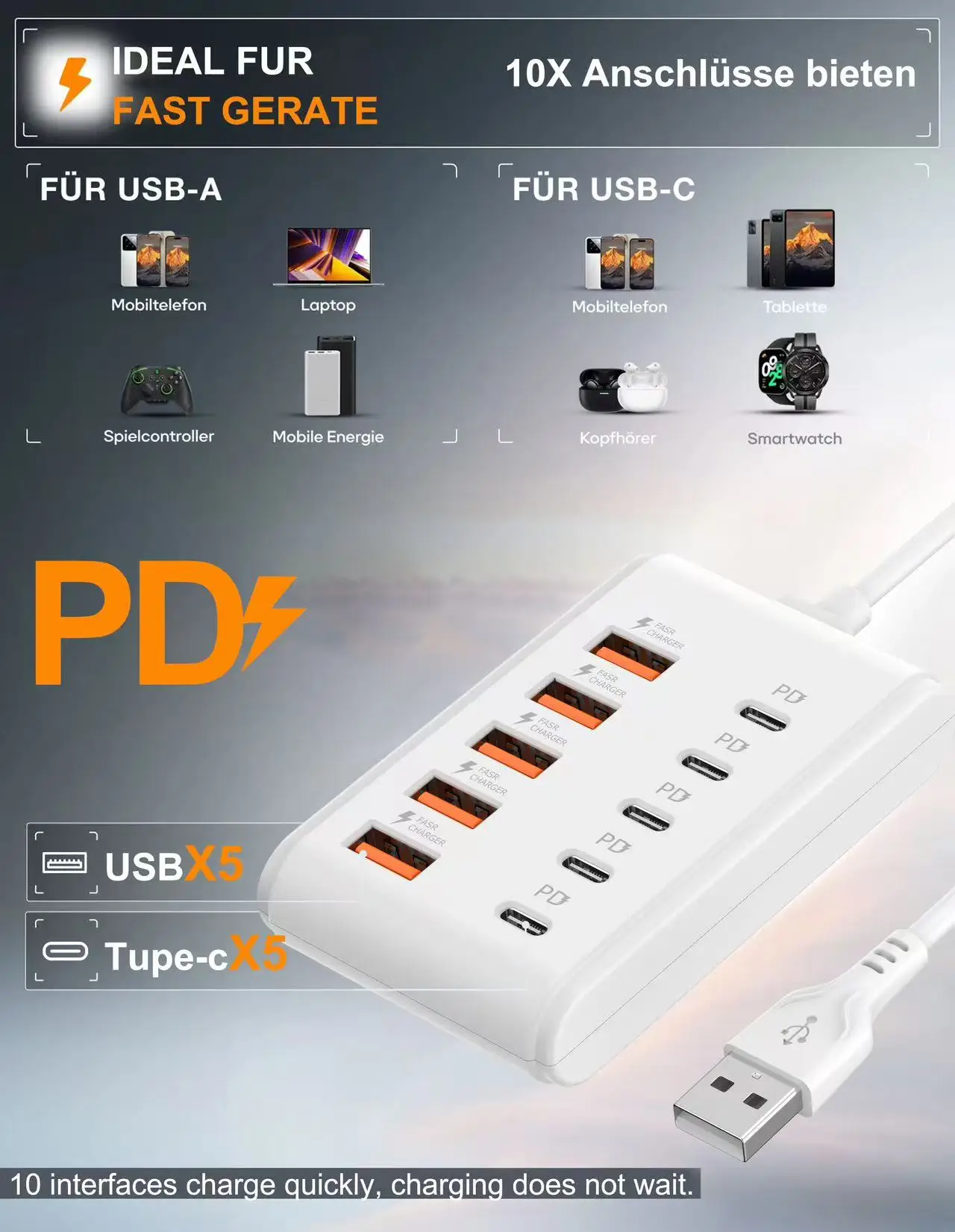 Snelle USB-oplader 10 in 1 Stekkerdoos Desktop-laadstation Snel opladen 1 m snoer USB HUB-adapteraansluiting voor thuiskantoor