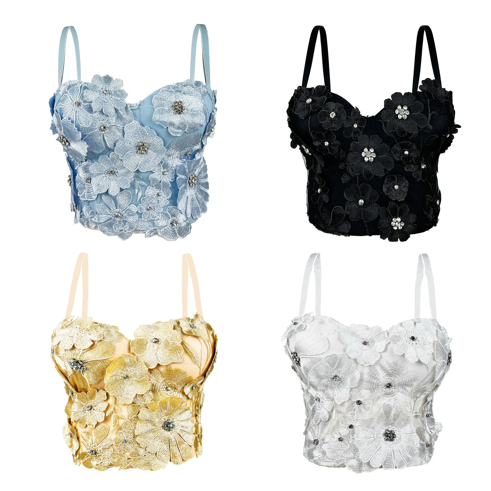 

New 3D Flower Embroidered Diamond Shaping Strapless Fishbone Top, Strapless Corset
