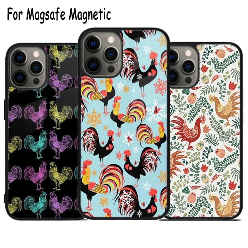 Bright Pattern with Roosters Wireless Charge Magsafe Phone Case For iPhone 15 16 14 13 11 12 Pro Max Plus Magnetic Bumper Cover