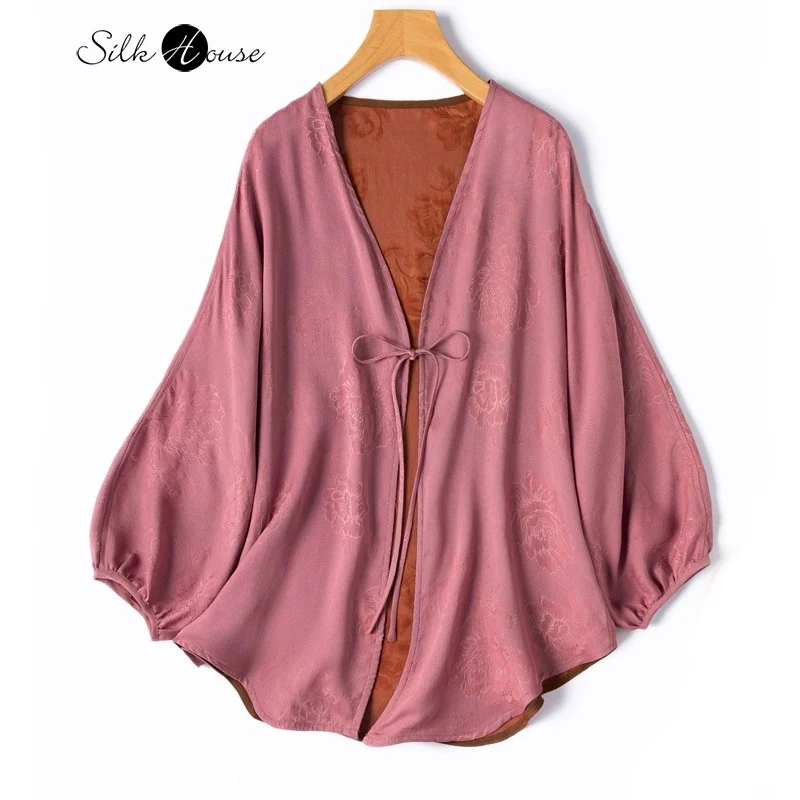 

Breathable 100% Natural Mulberry Silk Gambiered Guangdong Gauze Loose Lace Lantern Sleeves Women's Casual Shawl Jacket