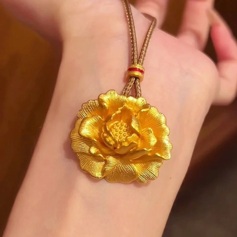 QEENKISS 24KT الذهب خمر زهرة الفاوانيا قلادة المعلقات للنساء حفل زفاف عيد الميلاد عيد الميلاد العروس الأم الهدايا PT5214 #3