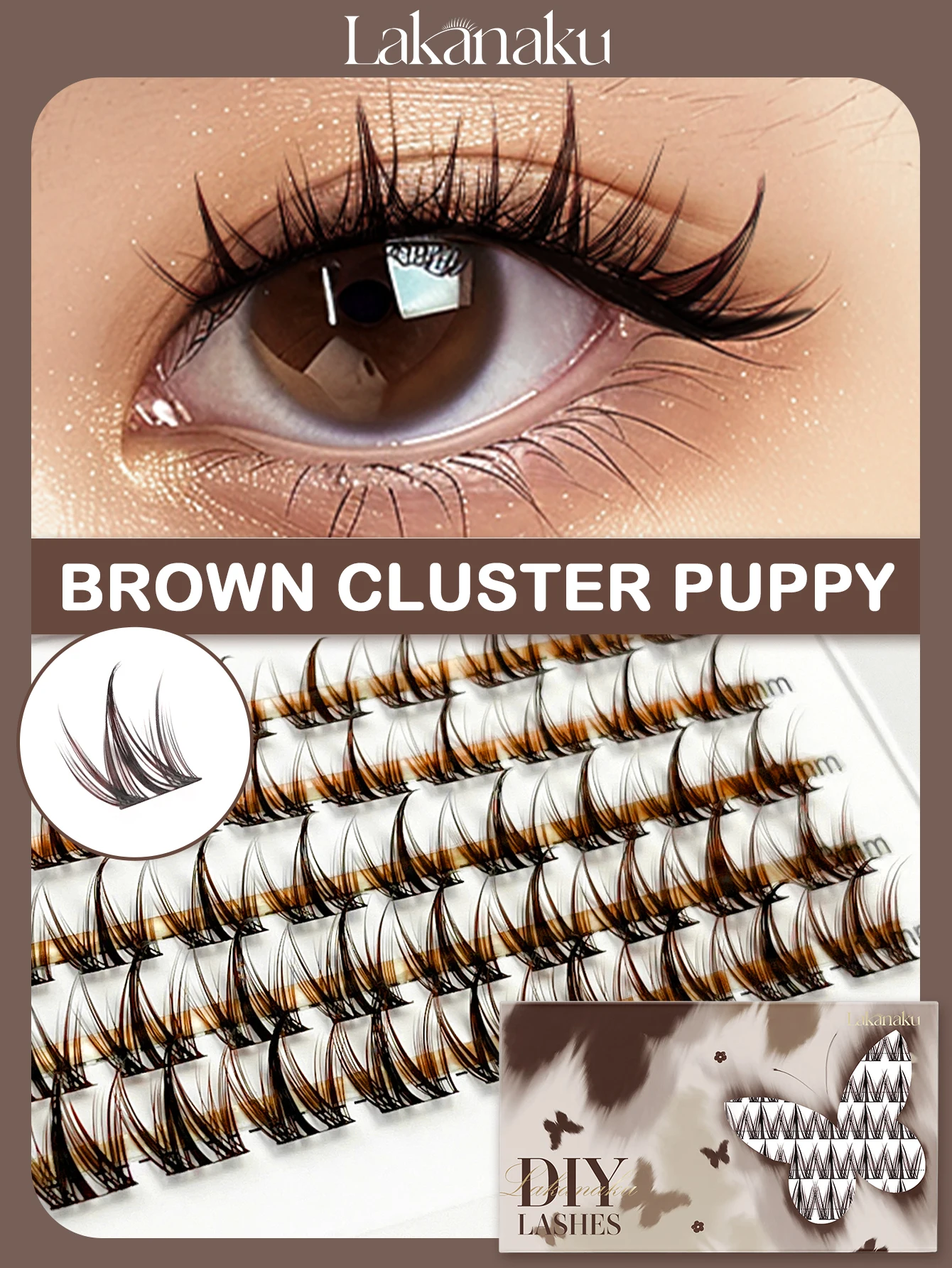 LAKANAKU Cashmere DIY Brown Cluster Lashes Natural Soft Brown Eyelashes Extension False Lashes Save Time For Beginner Makeup