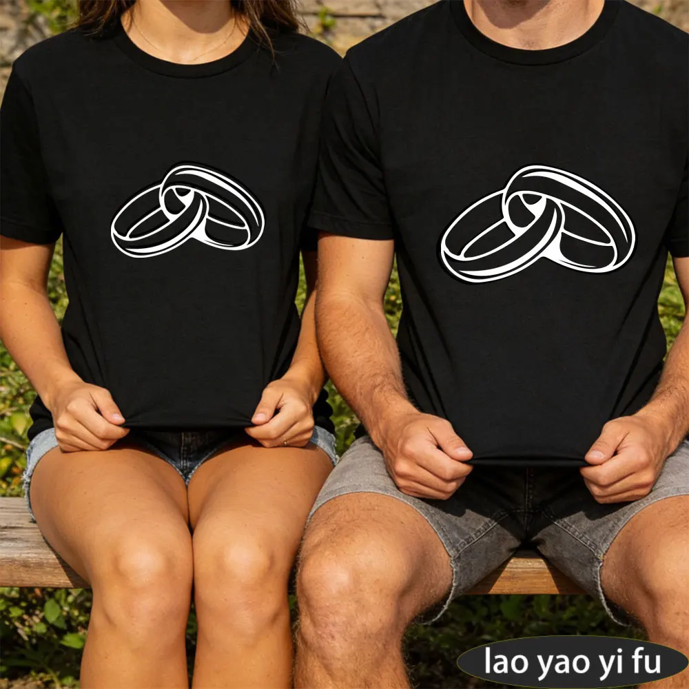 Couple Wedding Rings Design Summer Casual Fashion Short Sleeve Cotton T-Shirt for Men and Women Unisex Tops Gift Idea