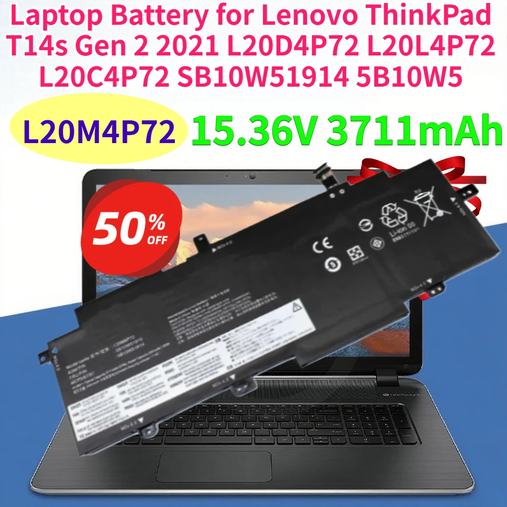 New 15.36V 3711mAh L20M4P72 Laptop Battery for Lenovo ThinkPad T14s Gen 2 2021 L20D4P72 L20L4P72 L20C4P72 SB10W51914 5B10W5