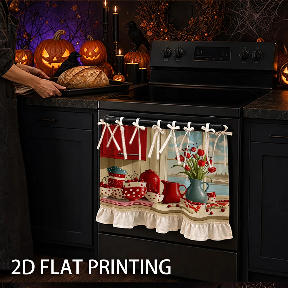 1PC kitchen stove curtain, cabinet curtain, apron. Features a 2D graphic print design with cherry, tulip and polka dots. Can be
