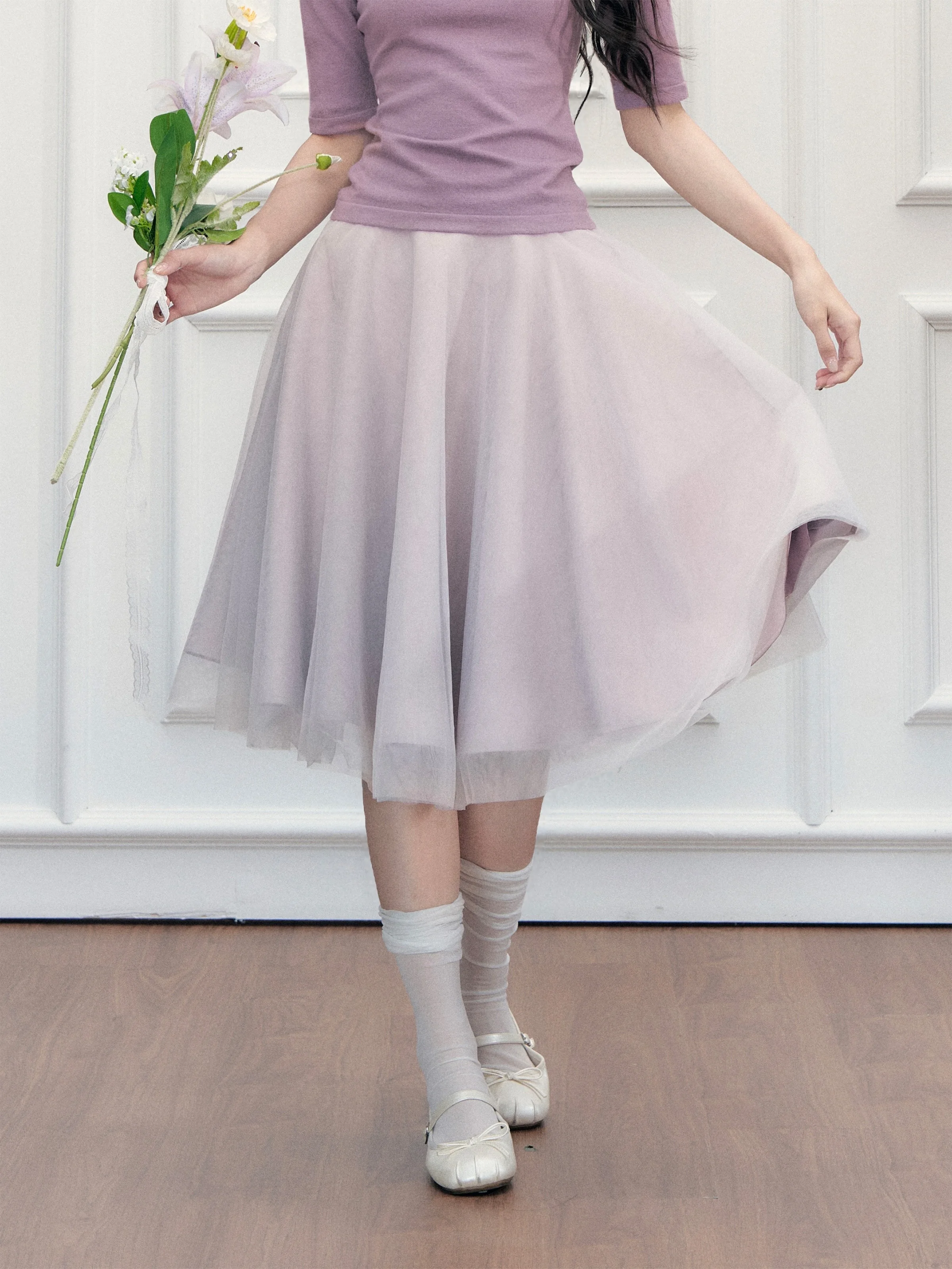 Fragile Heart Korean Style High Waist Puffy Half Skirt Mesh Long Skirt Breathable Skin-Friendly Daily Wear A-Line Skirt