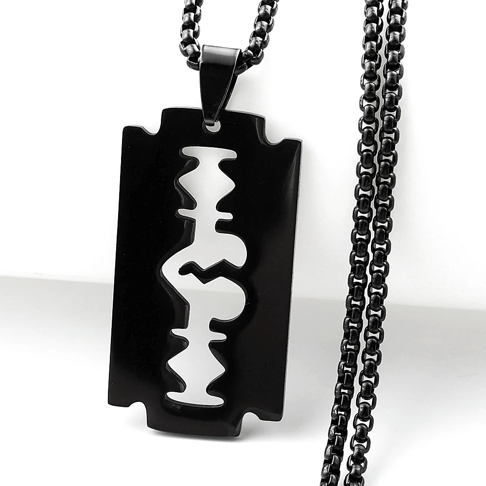 Gothic Blade Razor Pendant Necklaces Men Black Color Stainless Steel Chain Necklace Aesthetic Jewelry Collier Homme N423S01