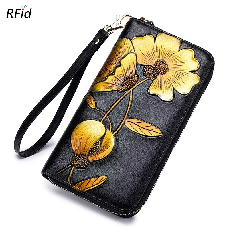 Flower Genuine Leather Women's Wallet Female Long Walet Women Carteira Lady Clutch Money Bag Coin Purse Cartera Mujer Portomonee