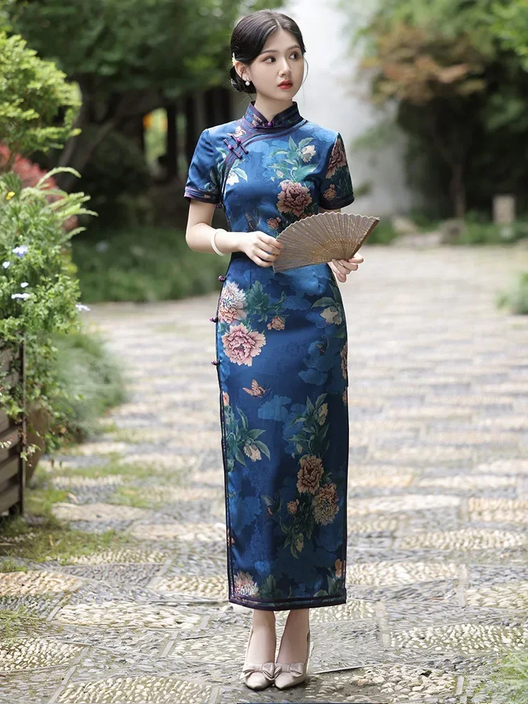 

Sexy Floral Printed Satin Chinese Traditional Mandarin Collar Long Style Women Qipao Elegant Short Sleeve Cheongsam