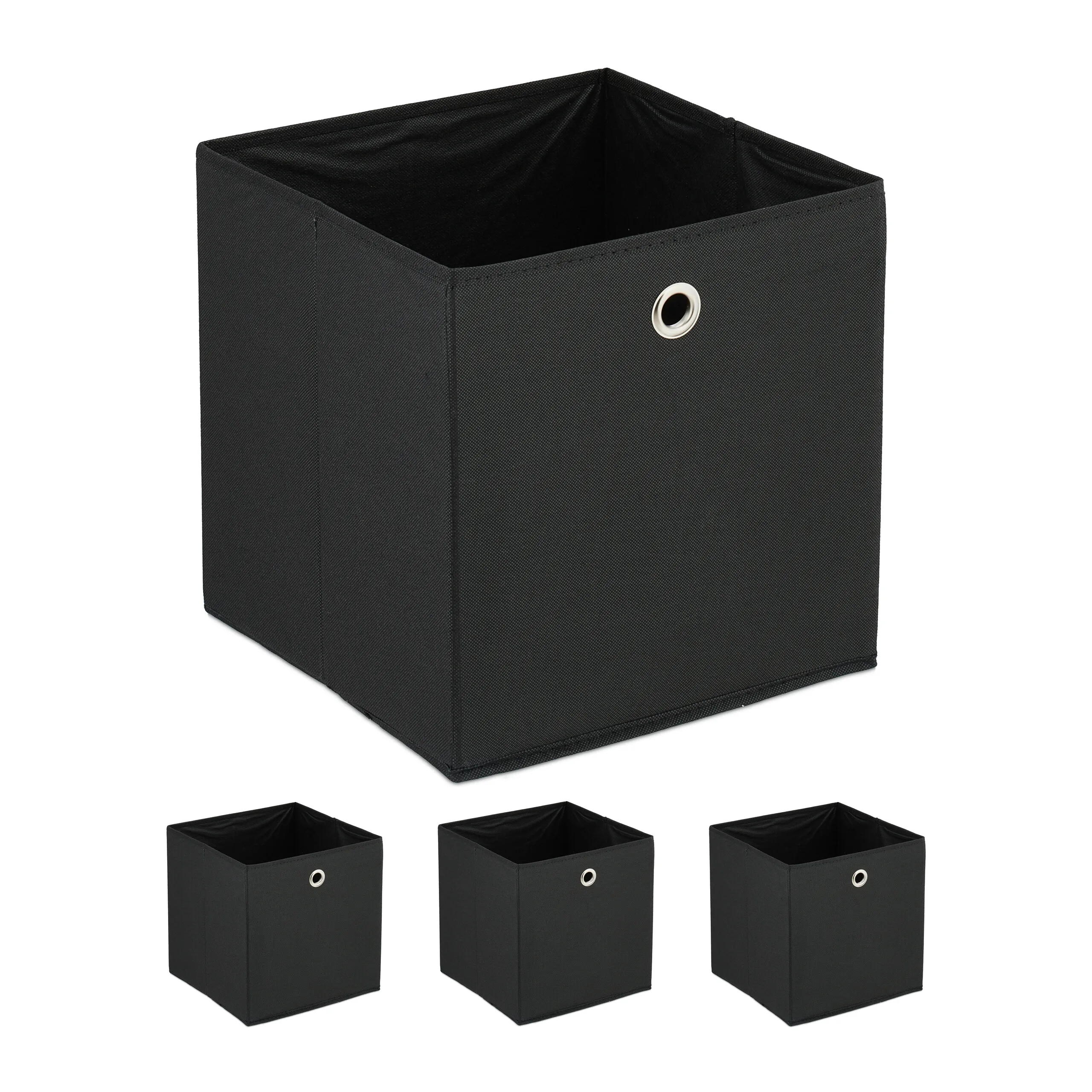 Scatole portaoggetti, set di 4, cubi pieghevoli in tessuto, per scaffali e armadi, neri, 30 x 30 x 30 cm, con apertura, organizer, Relaxdays