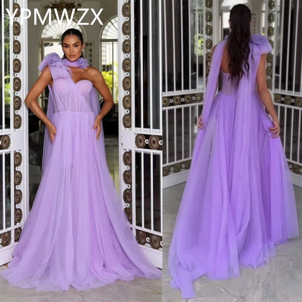 

Customized Evening Dress Party Occasion Formal Prom Gown YPMWZX One Shoulder A-line Floor Length Skirts Draped Tulle Bespo