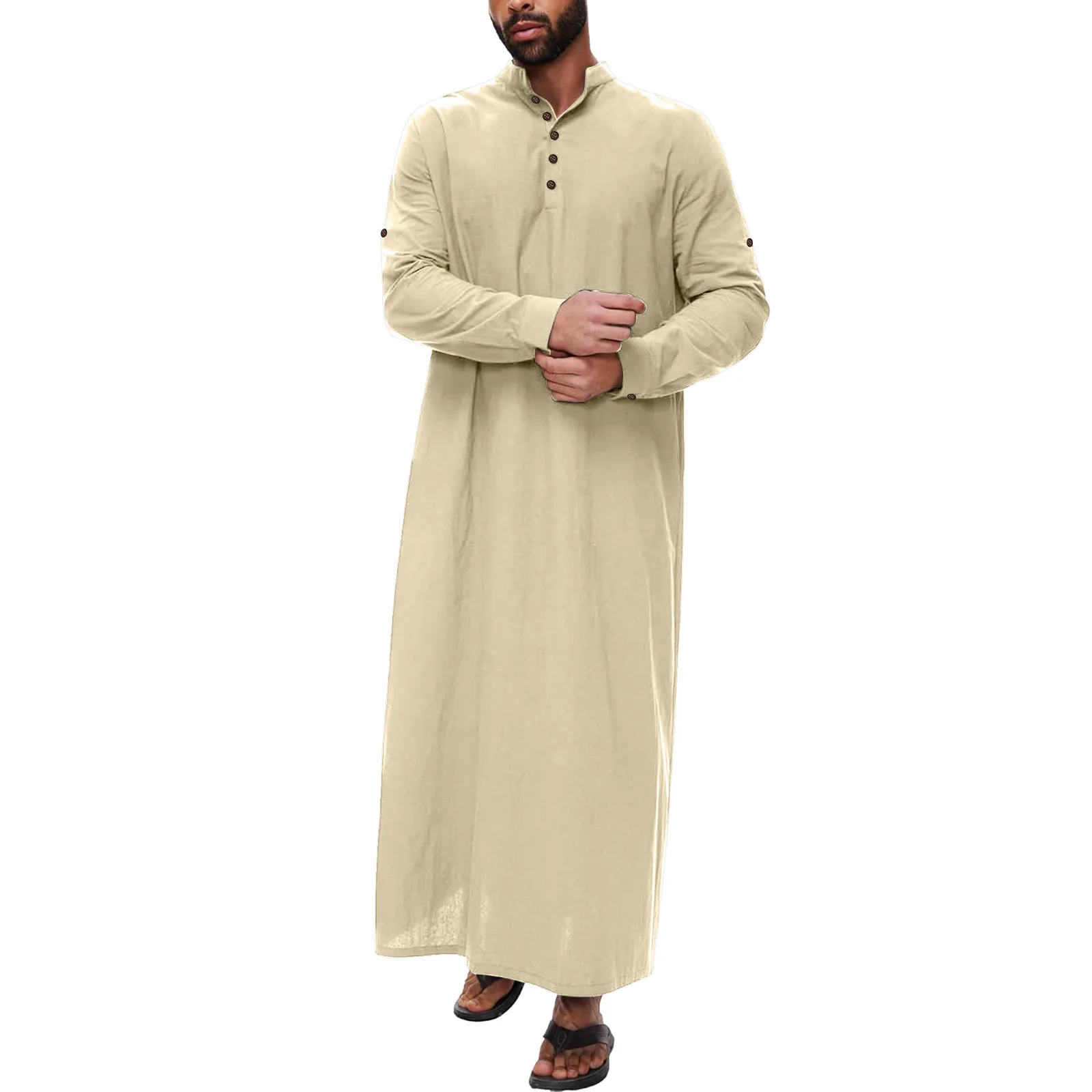 2024 New Mens Middle Arabic Style Simple Long Mens Button Muslim Robe Long Sleeve Robe Side Slit Robe Button Pocket Robe