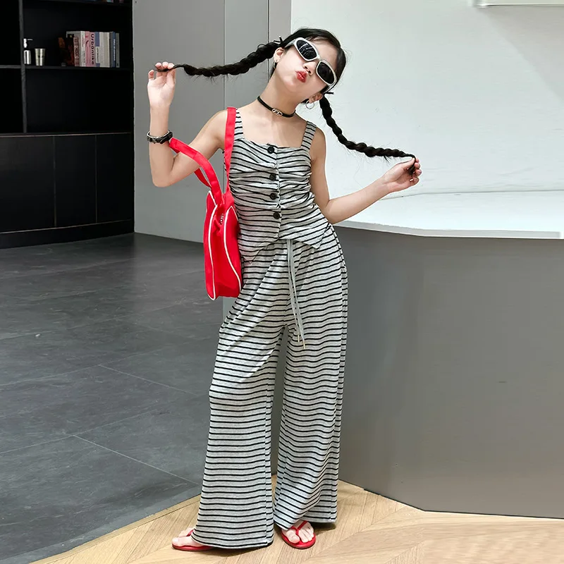 

Summer striped pullover camisole top 2024 girls casual top wide leg pants fashion two-piece set