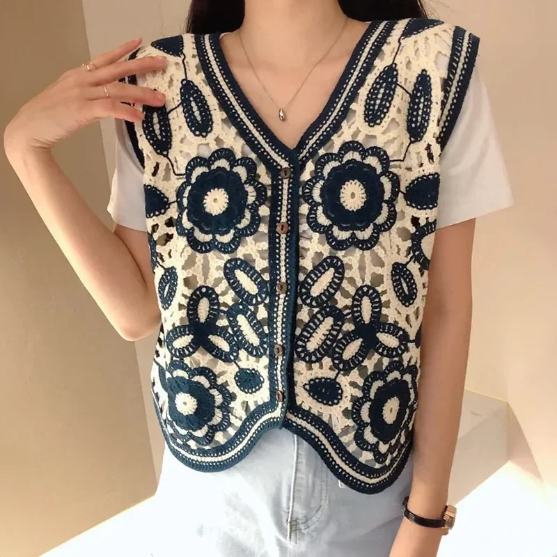 Crochet Vest Women\'s Floral Embroidery Open Knit Button Front Crop Tank Top Summer Fairycore Cottagecore Granny Teengirl Outfit