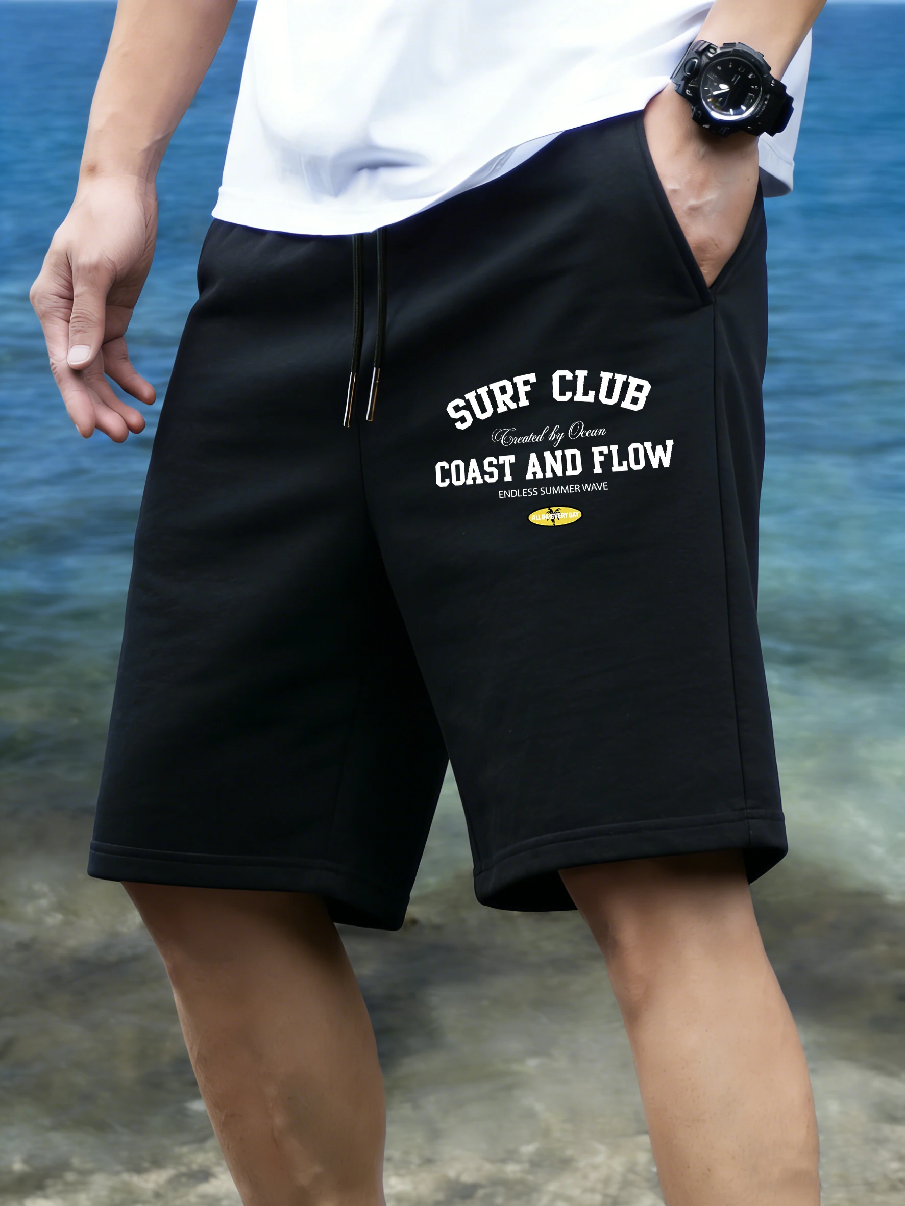 

Surf Club Coast And Flow Pattern Men'S Shorts Elasticity Pocket Pant Summer Gym Pants Drawstring Hip Hop Swimming Trunks