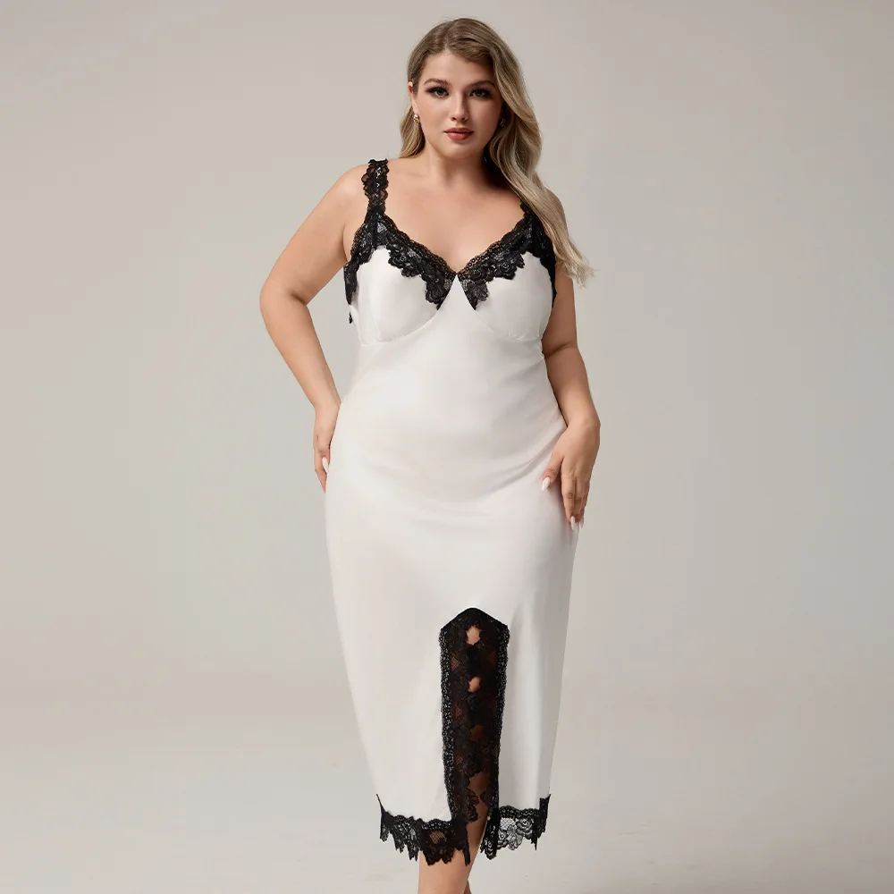 

Ladies summer plus size satin suspenders pajamas women summer lace sexy split nightdress long home clothes