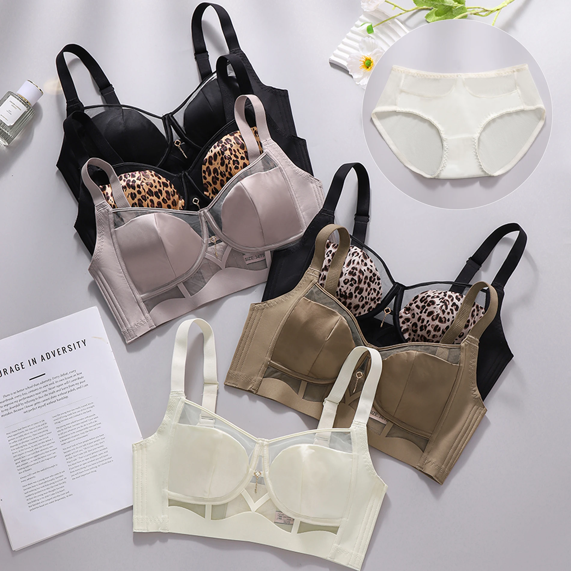 Леопардовый кружевной комплект с бюстгальтером без ободков для маленькой груди, дышащее нижнее белье в сборе, сексуальное, приятное для кожи, изогнутая форма 34-42AB