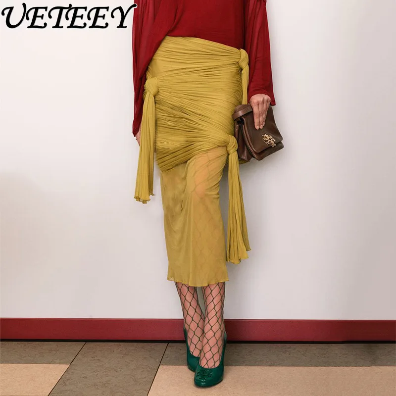 

French Style Elegant Pleated Solid Color Bodycon Skirt 2025 Autumn New High-end Twist Design Fashion Half Skirts for Women