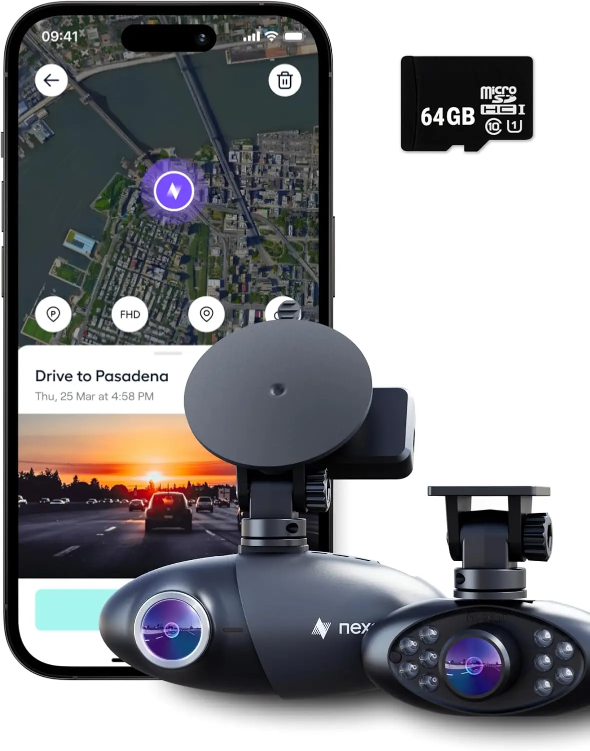 Pro GPS Dashcam System with Dual Cameras, 64GB SD, Cloud Storage, 24/7 Parking Mode, Night Vision, 1-Year App Subscription