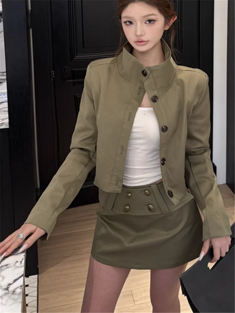 

Армейский зеленый шикарный новый осенне-зимний комплект из 2 предметов с воротником-стойкой, короткая куртка, пальто и широкий пояс, мини-юбка-карандаш, 2 предмета, повседневные уличные костюмы