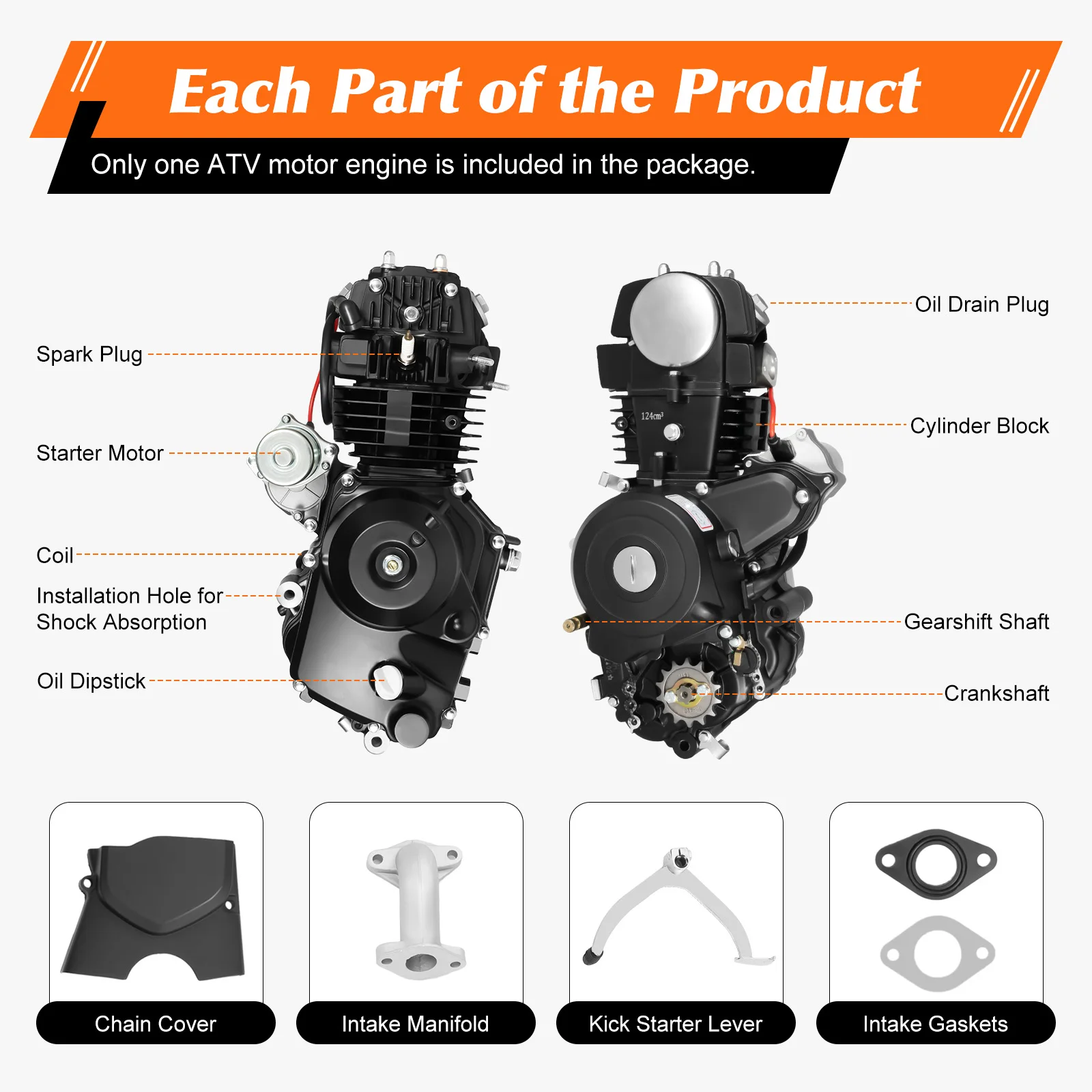 125CC 4 Stroke ATV Motor Engine Horizontal Motorcycle Engine Set Single Cylinder Two Stage Transmission