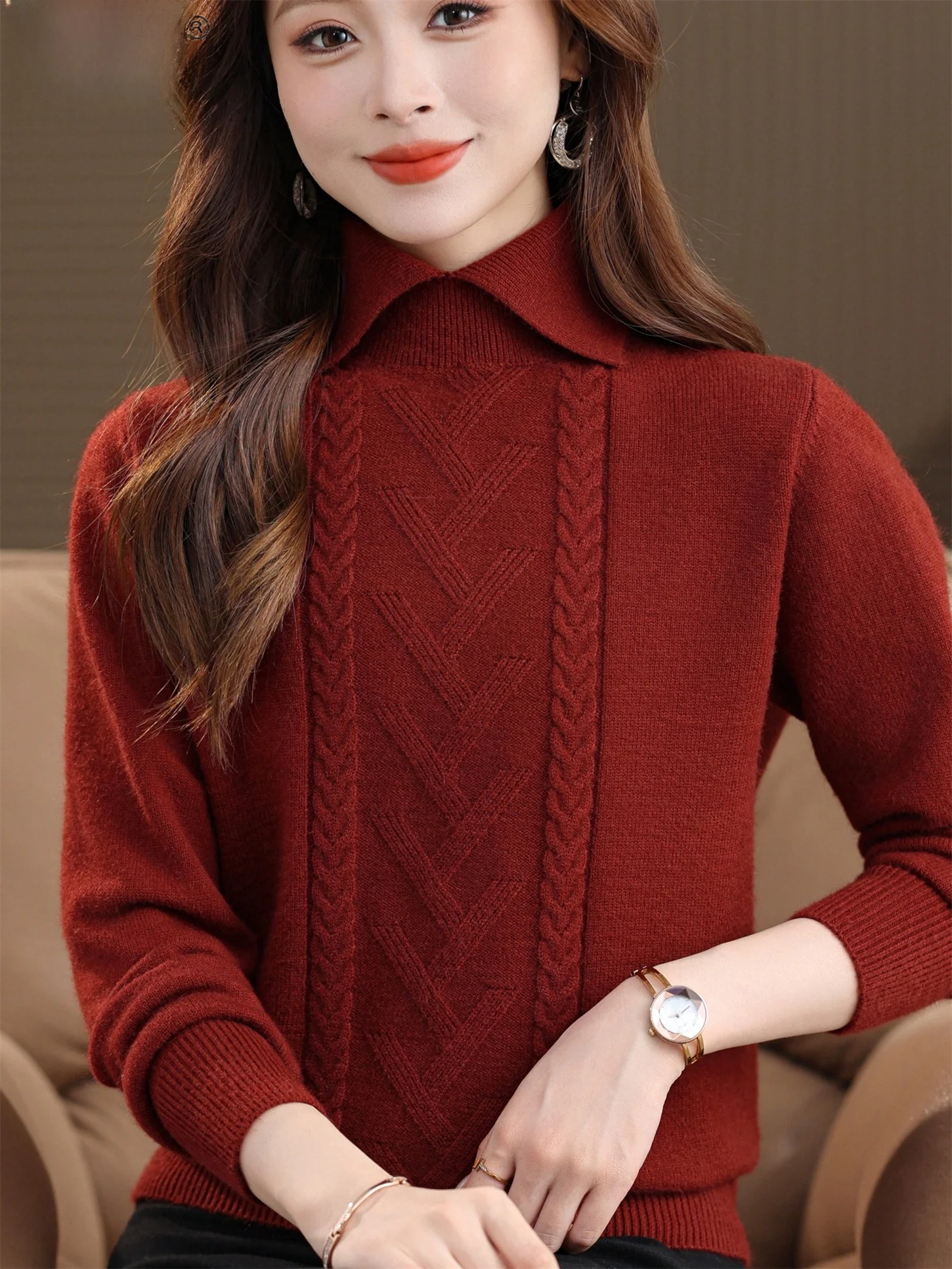 

Warm Thiened Knitted Woolen Top Loose Base irt for Middle-Aged And ly Women Faionable Turn-Down Collar Winter New ...