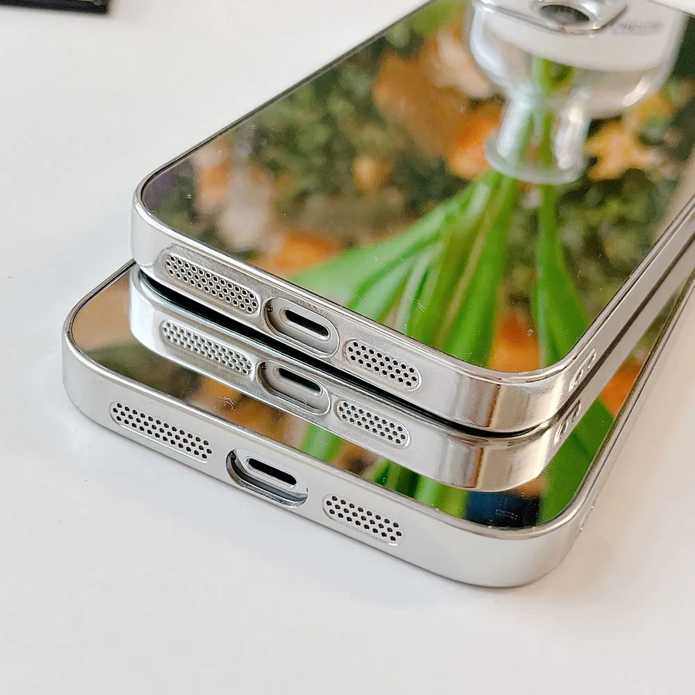 Серебристый ударопрочный чехол с зеркалом для макияжа для iPhone 15, 16 Pro, 11, 12, 13, 14 Pro Max, X, XR, XS, задняя крышка телефона, чехол-бампер для объектива камеры