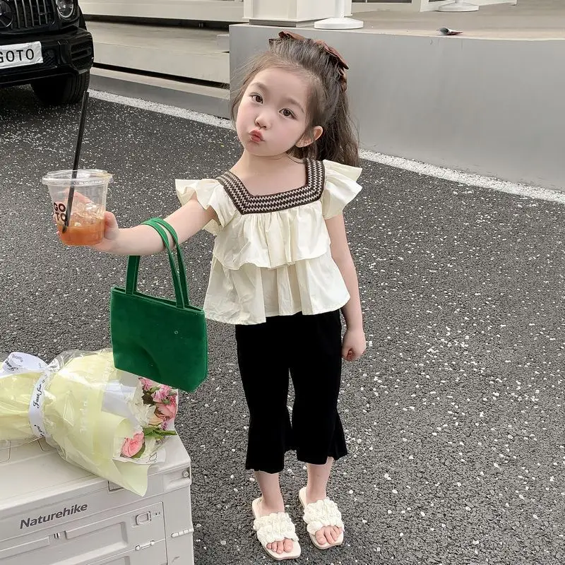 Girls Suits Ruffled Set Korean Version Children Fashionable Summer Children Clothes Baby Cropped Pants Two-piece Set Clothes