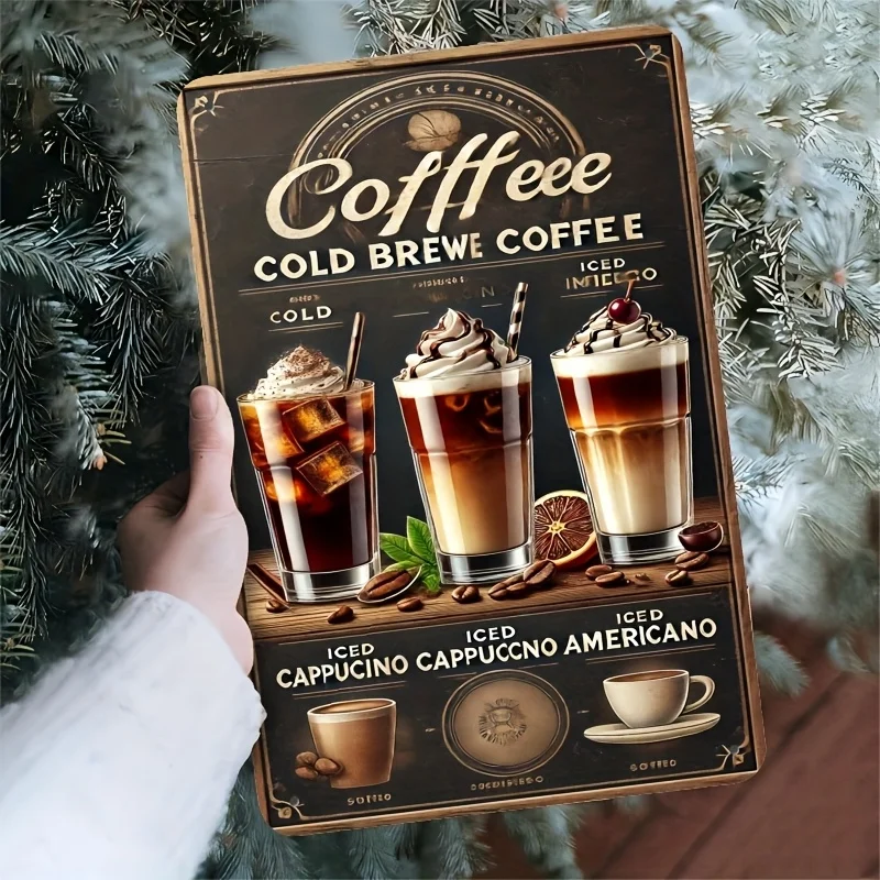 Vintage Coffee Brewing Metal Sign,  Wall Art Decor - Cold Brew Coffee, Iced Cappuccino & Latte Design, Perfect for Home, Kitchen