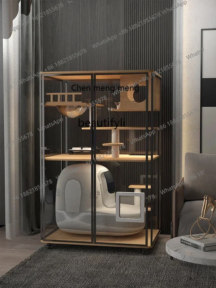 new Panoramic Cat Villa Cat Cabinet Automatic Litter Box Indoor Solid Wood Luxury Glass Transparent ss 8617