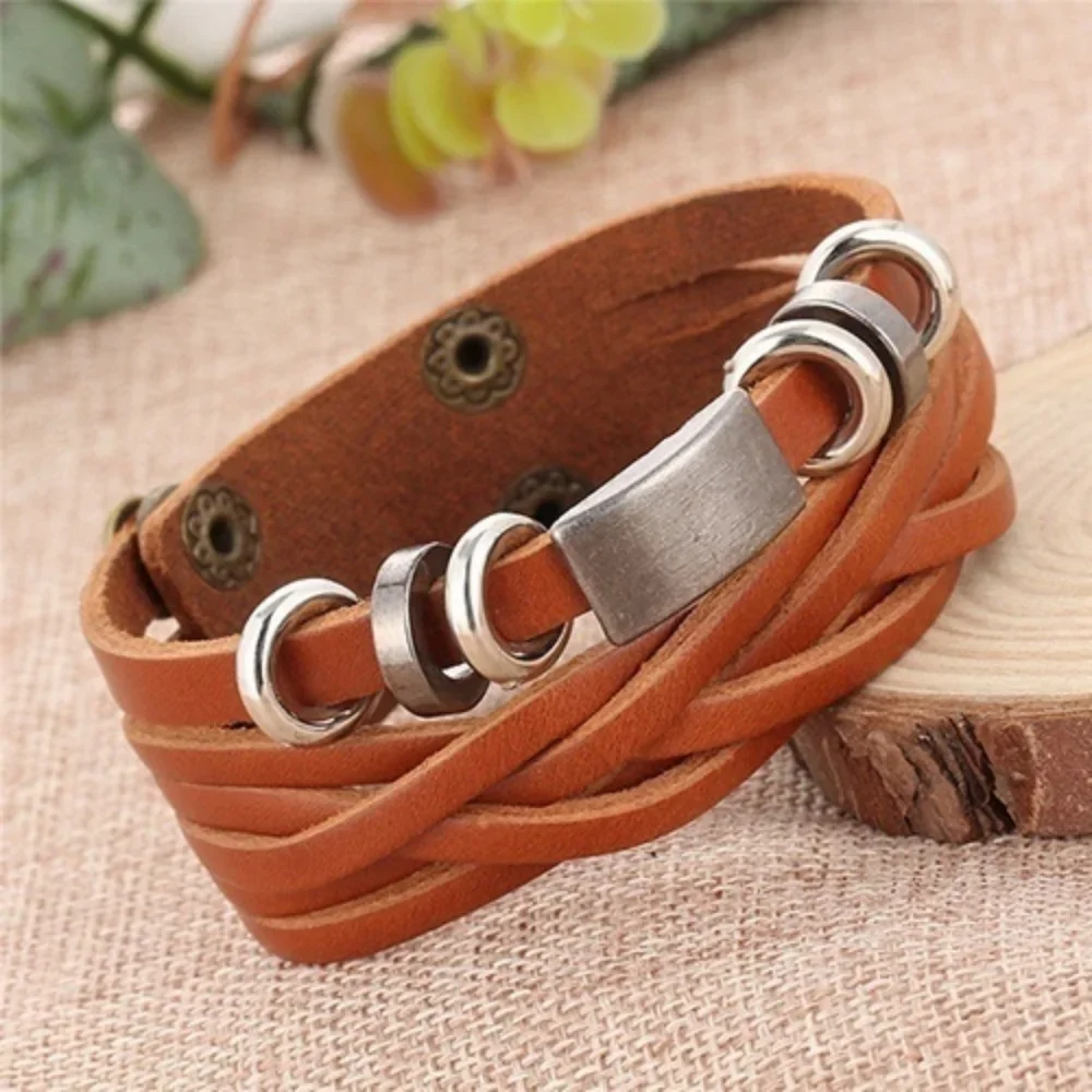 Mens Vintage Multilayer Braided Faux Leather Bangle Cuff Bracelet Wristband