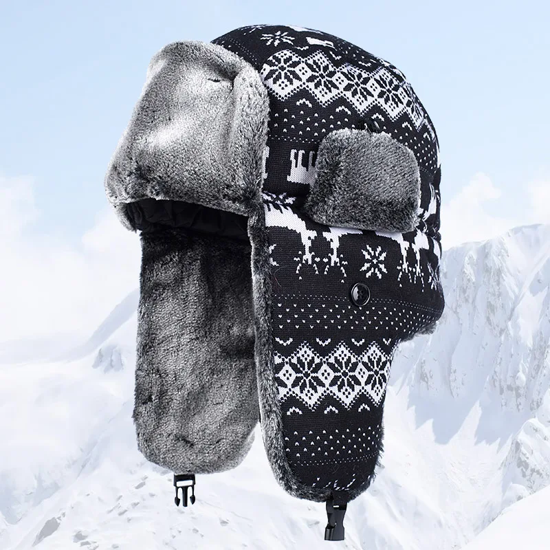 Gorro de invierno con orejeras para mujer y hombre, Ushanka de piel sintética, gorro de nieve, gorro de esquí tipo aviador con estampado de ciervo, estilo ruso, para otoño 2026 y Navidad, negro