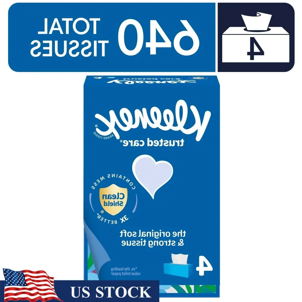 

Trusted Care 2-Ply Facial Tissues 4 Flat Boxes 160 Sheets per Box Unscented Clean Shield Technology Strong Absorbent Non-Lotion