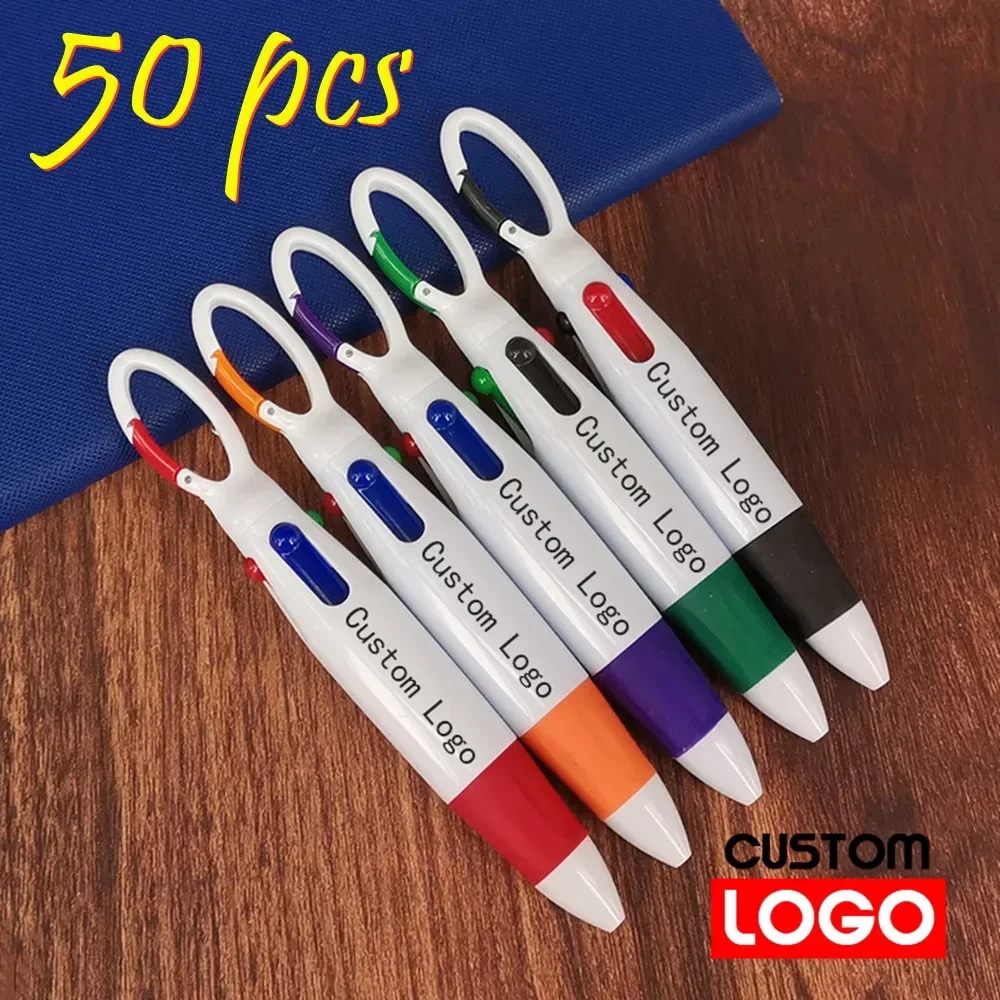 50 pcs Plastic Telescopic 4-color Ball Point Pen Carabiner Buckle Pen Engravable Custom Logo Name for Business Advertising Pen