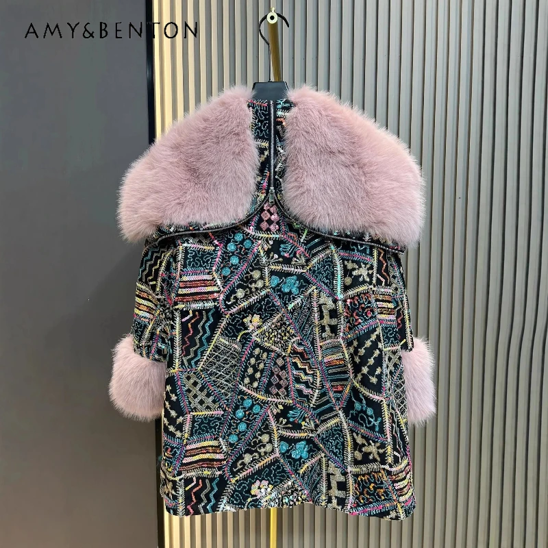 

Heavy Industry Sequin Stylish Faux Fur Winter European-style Mink Imitation Fox Furry Collar Elegant Loose Warm Toka Woolen Coat