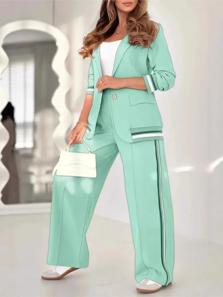 

Autumn And Winter Fashion New Solid Color Trousers Set Temperament Commuting Ribbed Lapel Top Wide-leg Trousers Two-piece Set