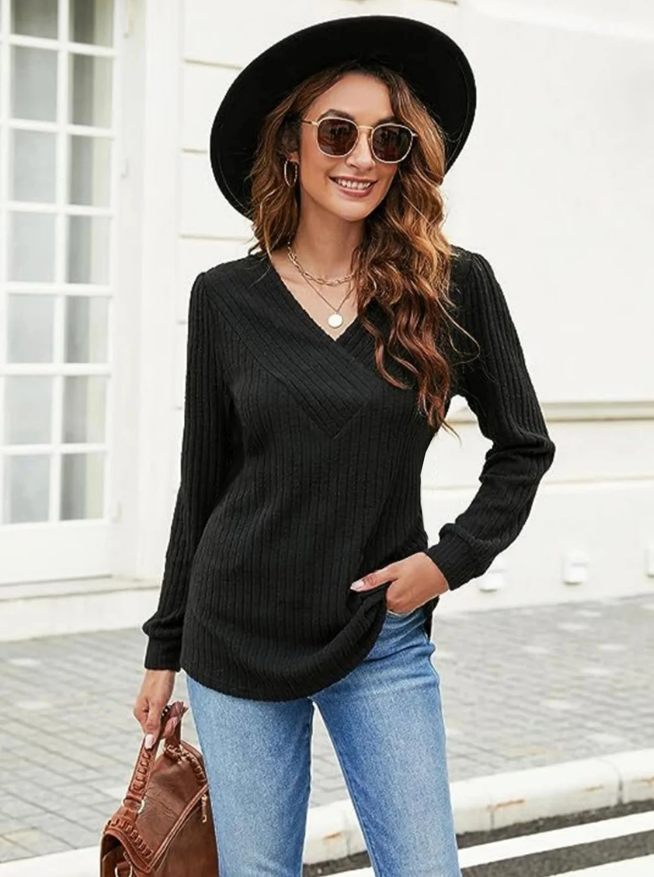 

Woman Multiple Colors Clothes V Neck Ribbed Knit Sweater Long Sleeve Loose Fit Casual Pullover Tops
