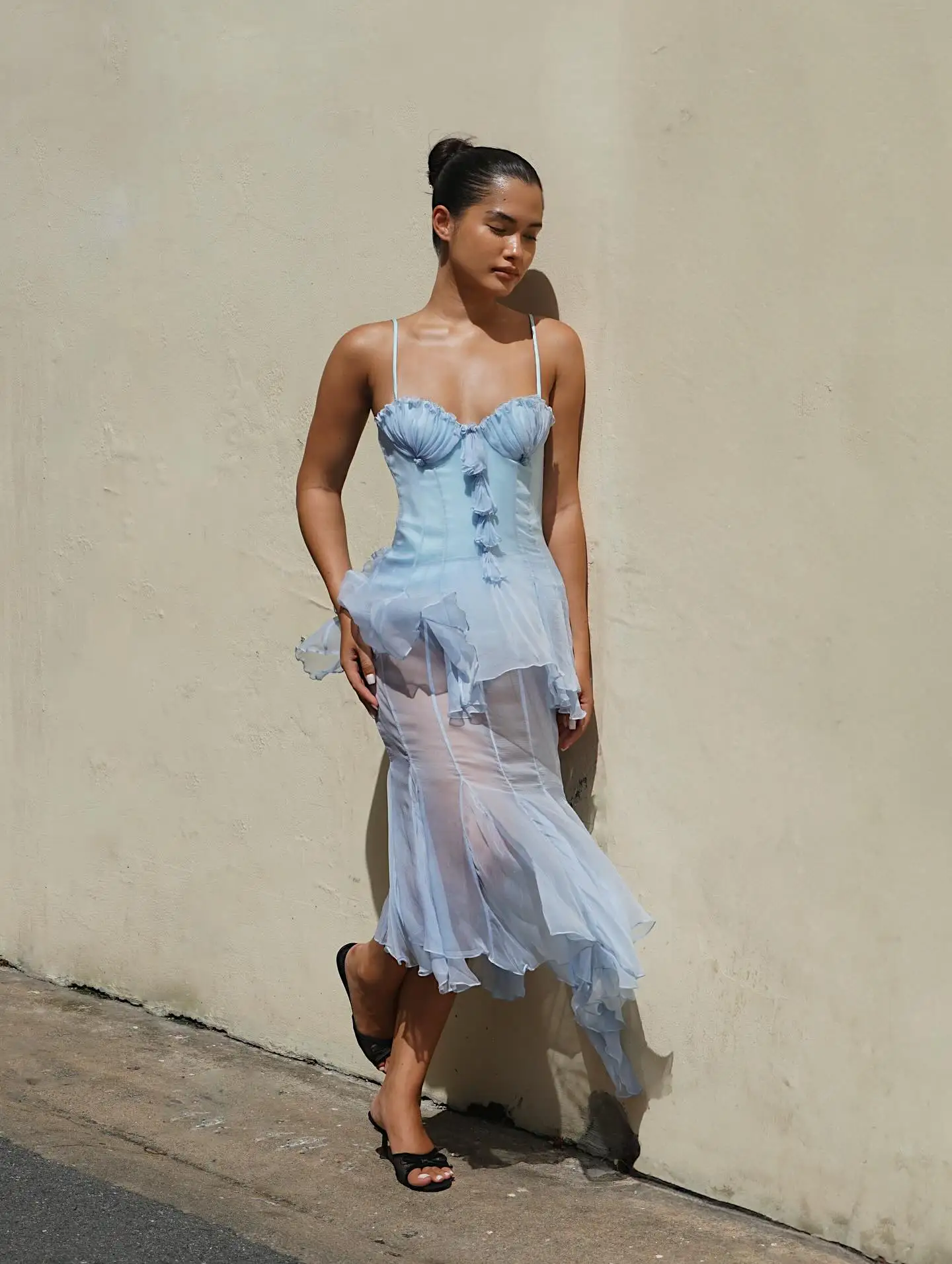 See Thru Light Blue Tiered Chiffon Evening Dress Sexy Sleeveless Mesh Ruffles Women Summer Dress Sheer Midi Length Prom Gown