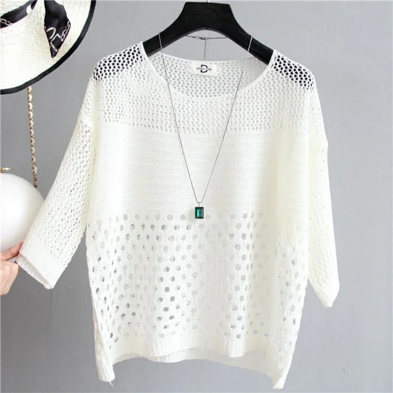 Spring and Summer New Ice Silk Knitted Vest Top Hollow Out Thin Bottoming Sling Streetwear Womens Clothing White Shirt